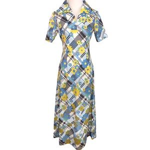 Vintage 70s Plaid Daisy Maxi Dress
